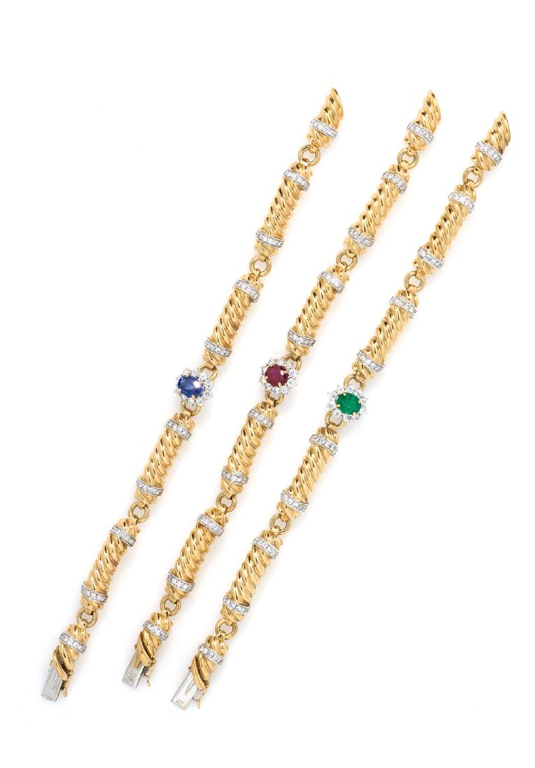 THREE YELLOW GOLD AND DIAMONDS BRACALETS WITH RUBY, (1 of 1)