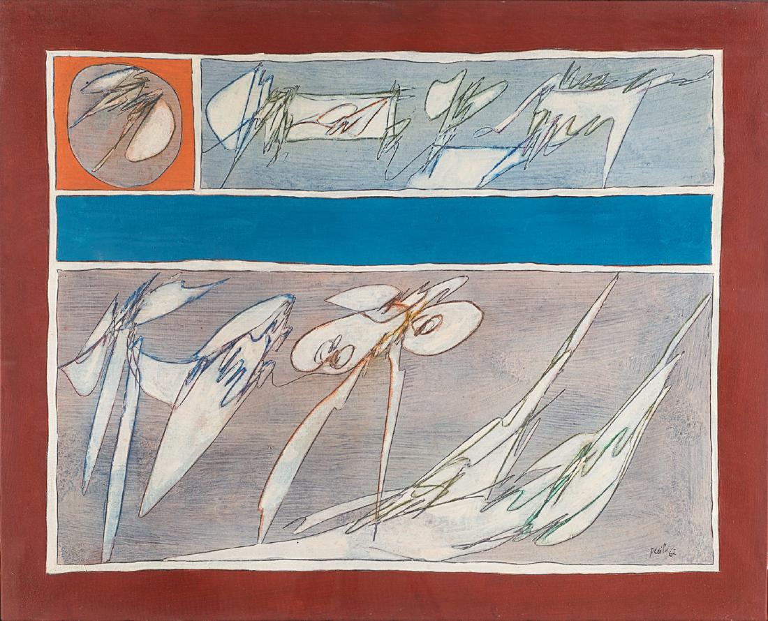 ACHILLE PERILLI - Il sacro celibato, 1967: tempera and mixed media on canvas cm 65x81 Signde and dated on the front: Perilli 67 Signed, titled and dated on the reverse: Achille Perilli, Il sacro celibato 1967 PROVENANCE Private collection. C