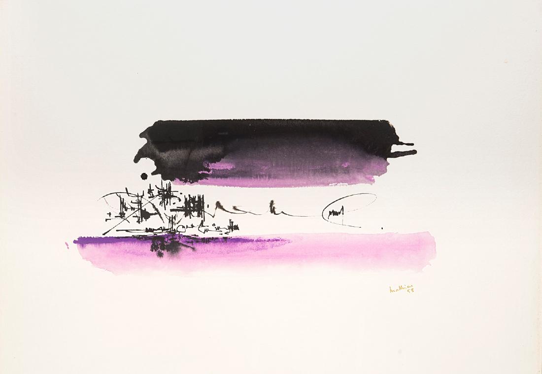 GEORGES MATHIEU - Untitled, 1958: gouache on paper cm 57,5x78,5 Signed and dated: Mathieu '58 PROVENANCE Private collection.¬† Certificate of authenticity oh photograph signed by the artist. This lot is subject to Artists Resale