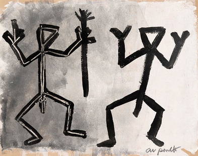 A.R. PENCK - Untitled, 1994: mixed media on cardboard cm 28,5x36 Signed on the front: AR Penck Dedicated and signed on the reverse: To Adriano, AR Penck PROVENANCE Milan, Living Art Gallery; private collection This lot is subject