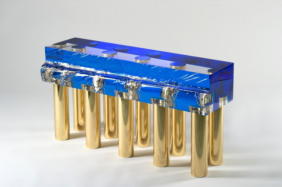 Studio Superego - Bench table, 2019: H 51 cm x W 99 cm x D 25 cm in blue plexiglass with ten brass legs