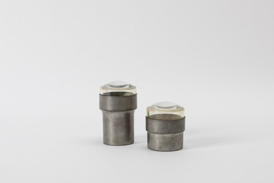 Albert Leclerc - Two boxes: for Galleria Il Sestante Milano. Aluminum and lens-worked plexiglass. Paper label on the base of the Gallery.