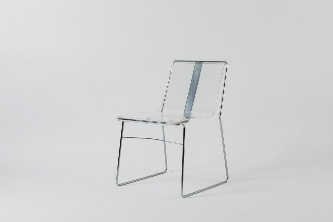 Jacques Charpentier - Two chairs: in plexiglass and structure in chromed and nickel-plated metal. French manufacture cm 48 — 53 — 76