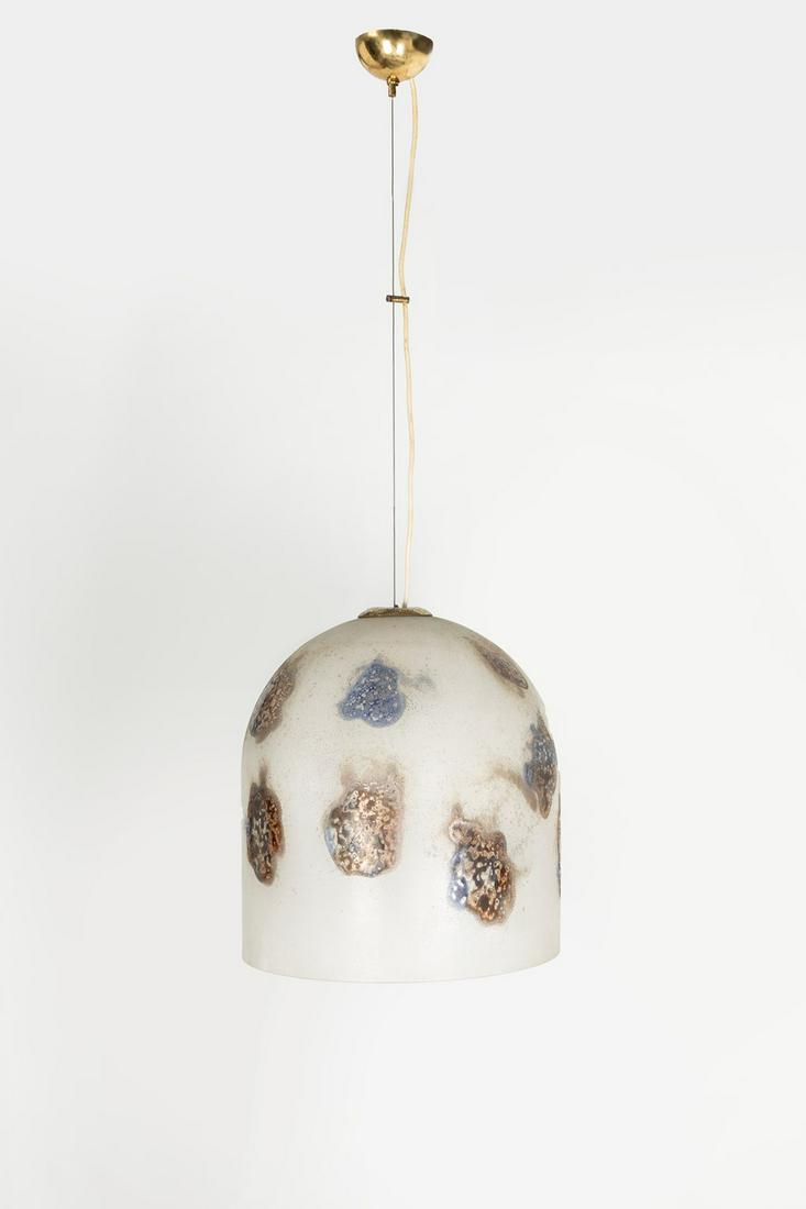 Alfredo Barbini - Ceiling lamp: in etched Murano glass with colored inserts.Glass: cm h 40 x diam 40