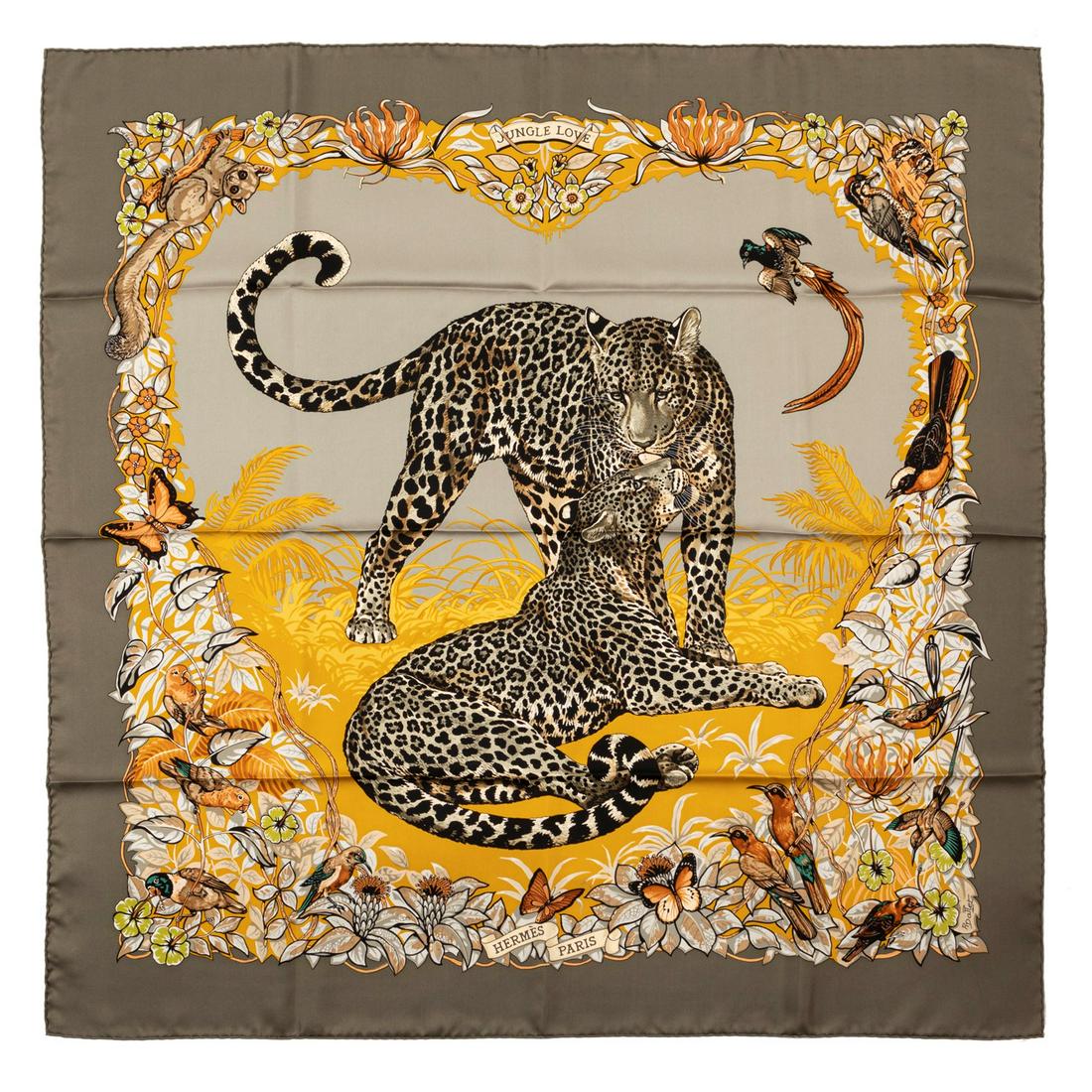 HermÃ¨s - Jungle Love Silk Twill scarf: Silk twill scarf designed by Robert Dallet, with box (defects).