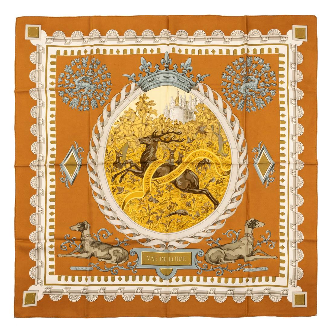 HermÃ¨s - Val de Loire Silk Twill scarf: Silk twill scarf designed by Charles-Jean Hallo, rare (defects).