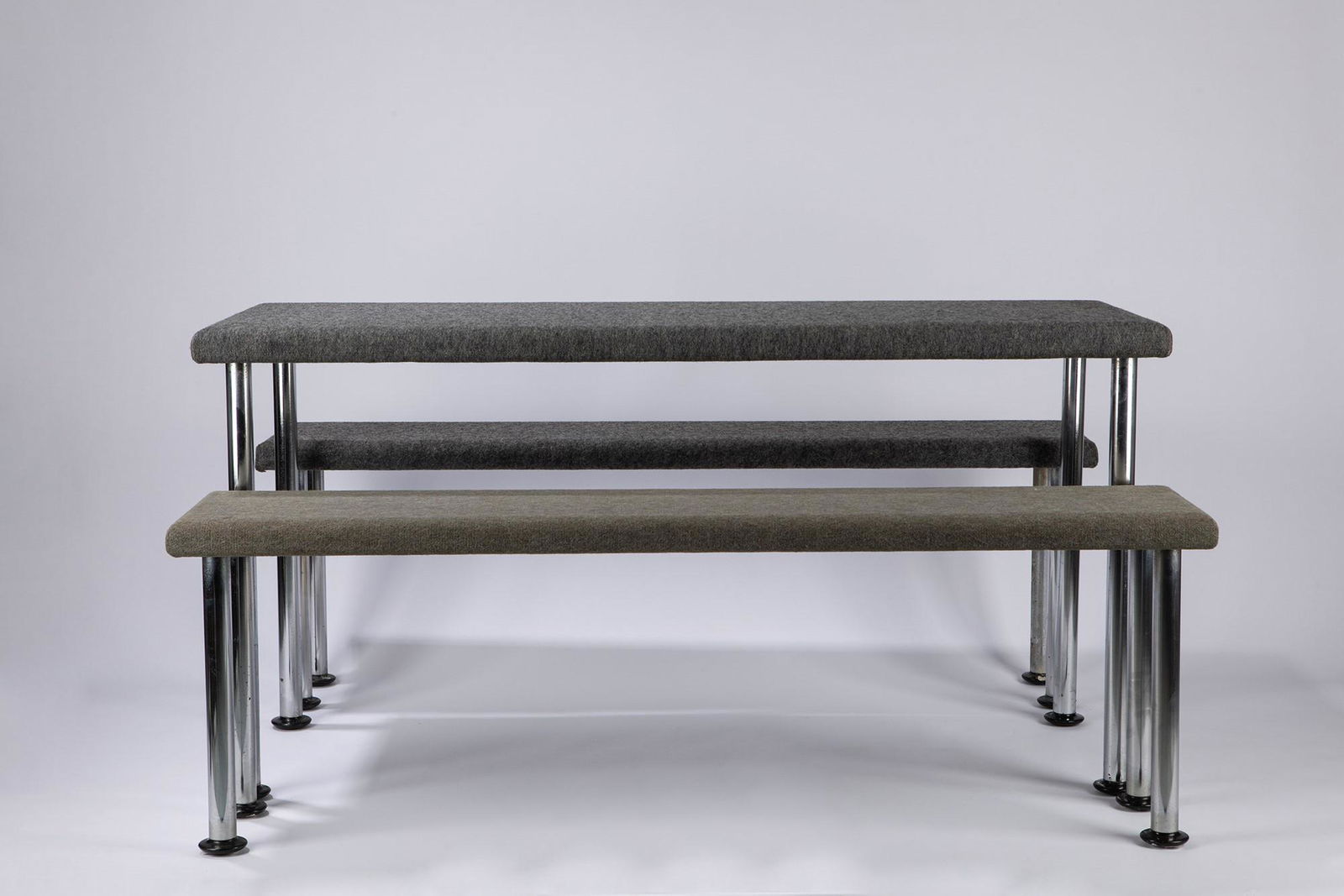Aimaro Isola - Gabetti, Roberto - Table and two benches: Table and two benches, 1969 table: cm h 75 x 56 x 150; benches: h 50x31x150; chromed metal legs and Tapisom plane. Designed for Talponia apartments, Ivrea.Designers: Roberto Gabetti, Aimaro Isola, Luc