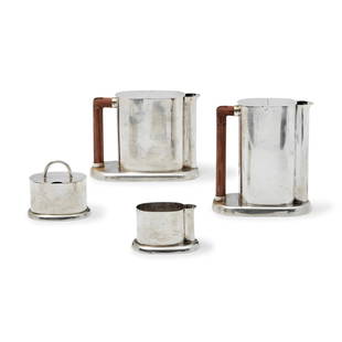 Ettore Sottsass per Cleto Munari - A silver tea and coffee service, 1982, Ettore Sottsass for Cleto: Four objects Weight kg 1,776 h cm 17,00, 16,00, 10,00, 7,00