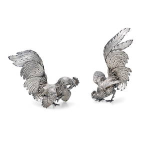 Fornari - Two silver roosters, Rome 20th Century, Fornari
