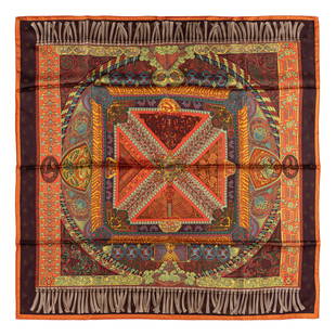 Hermès - Sur un tapis volant silk twill scarf: Silk twill scarf designed by Annie Faivre, with box (slight defects).