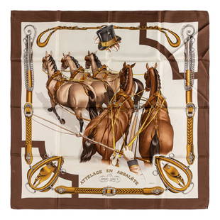 Hermès - Attelage en arbalète silk twill scarf: Silk twill scarf designed by Philippe Ledoux (defects).