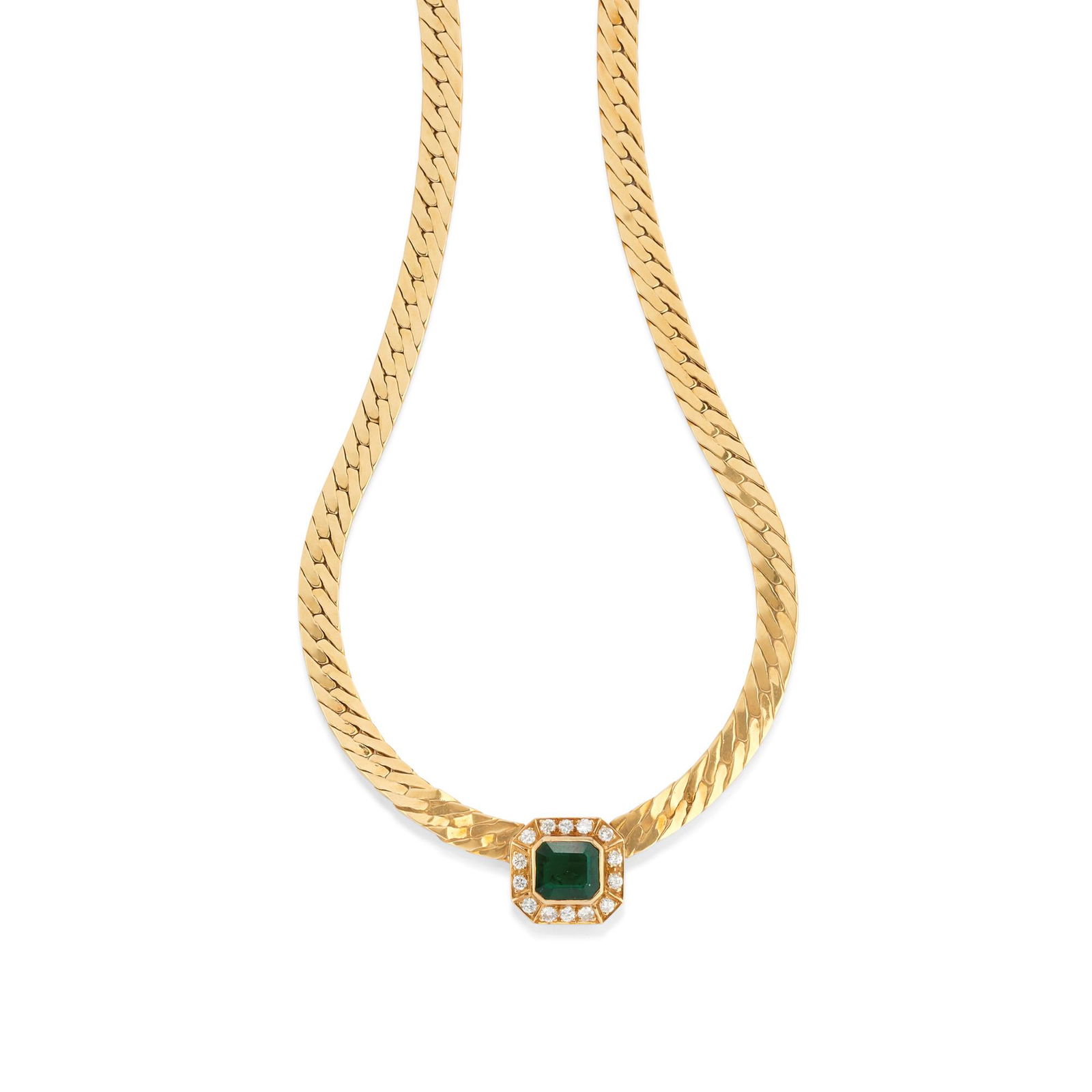 A 18k yellow gold, synthetic emerald and diamond necklace, Chimento: Step-cut emerald approx. ct 4,00, brilliant cut diamond approx. ct 0,40 Weight g 43,40 cm 40,00