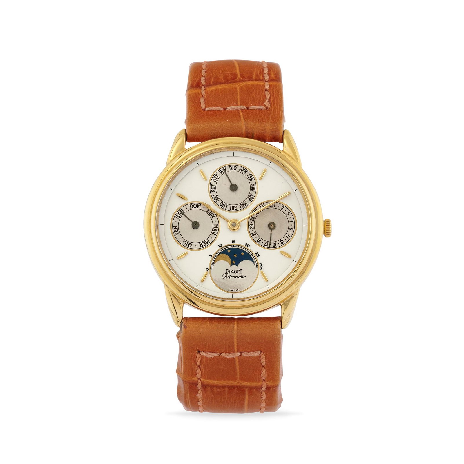 Piaget Perpetual Calendar 15958, '80s: Piaget Perpetual Calendar 15958, '80s 18k gold round case, n.480680, stepped bezel.White dial, applied indexes, indication of the date, day of the week, month, phases and age of the moon.Automatic mov
