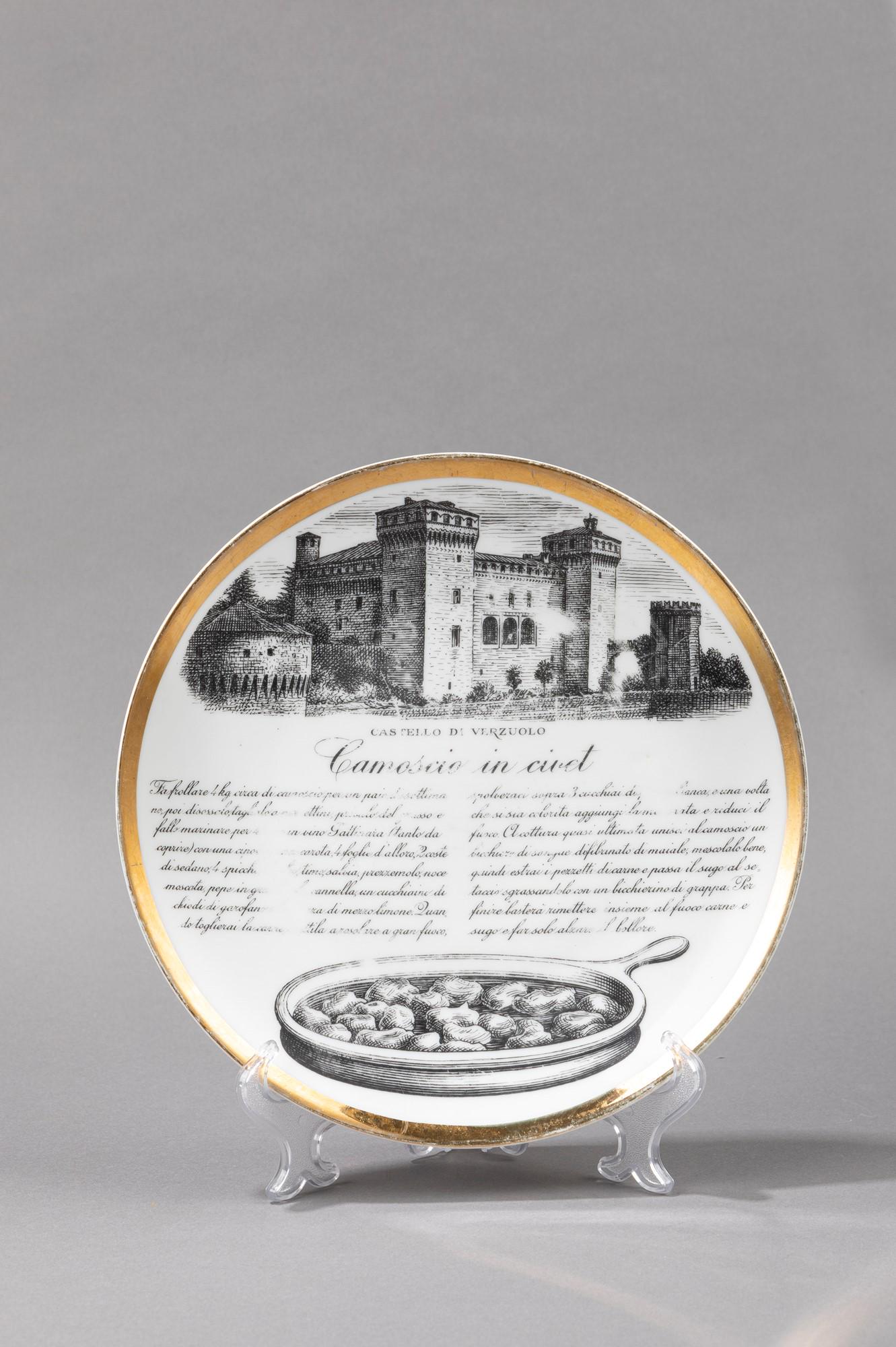 Piero Fornasetti - SpecialitÃ Torinesi: SpecialitÃ Torinesi, 1960 ca. diam 24 cm Special edition for Fiat Torino. White pottery plate, silk-screen decoration. Marked under the base.