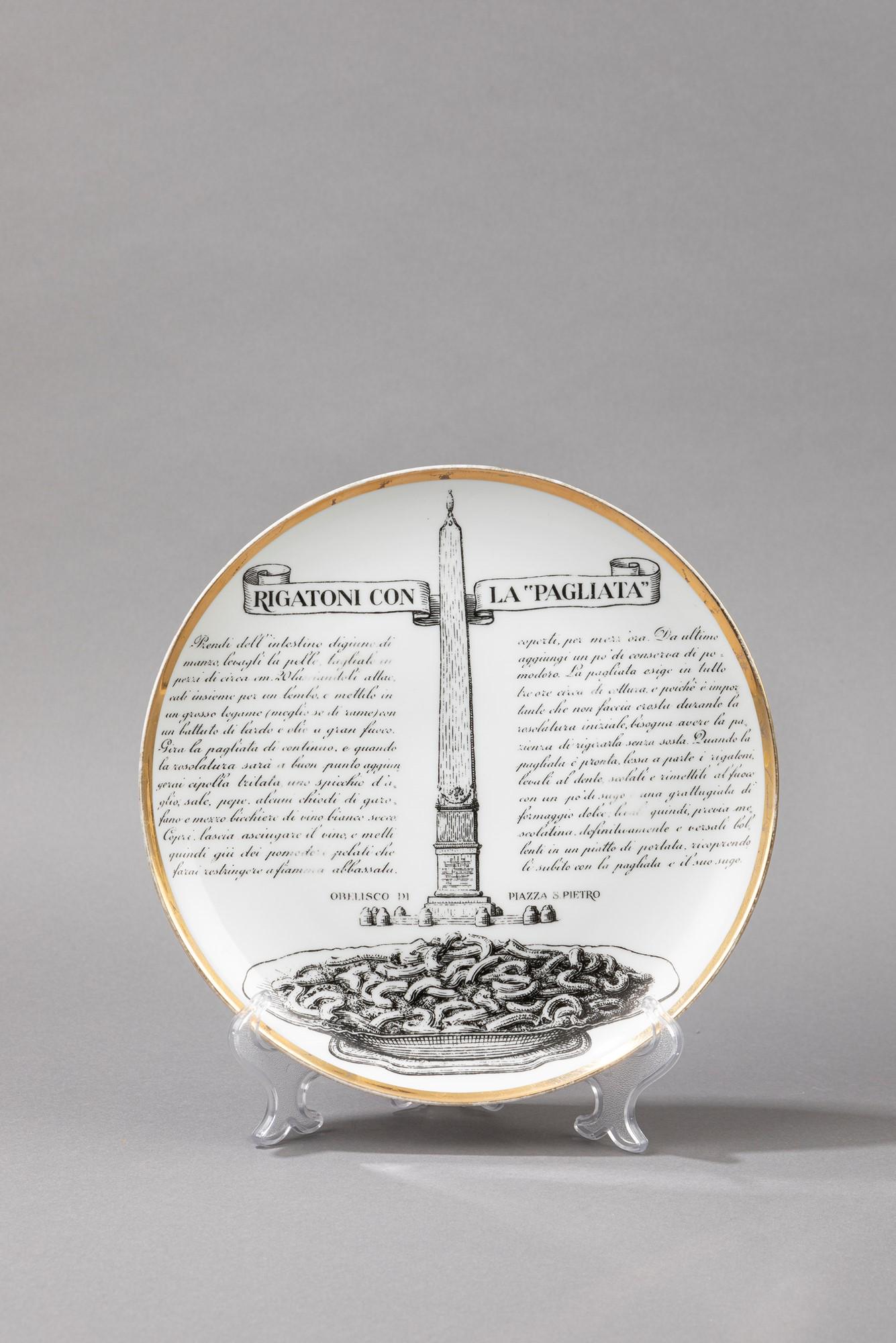 Piero Fornasetti - SpecialitÃ Romane: SpecialitÃ Romane, 1970 ca. diam 24 cm Plate n.2. Whte pottery and silk-screen decorations. Marked under the base.