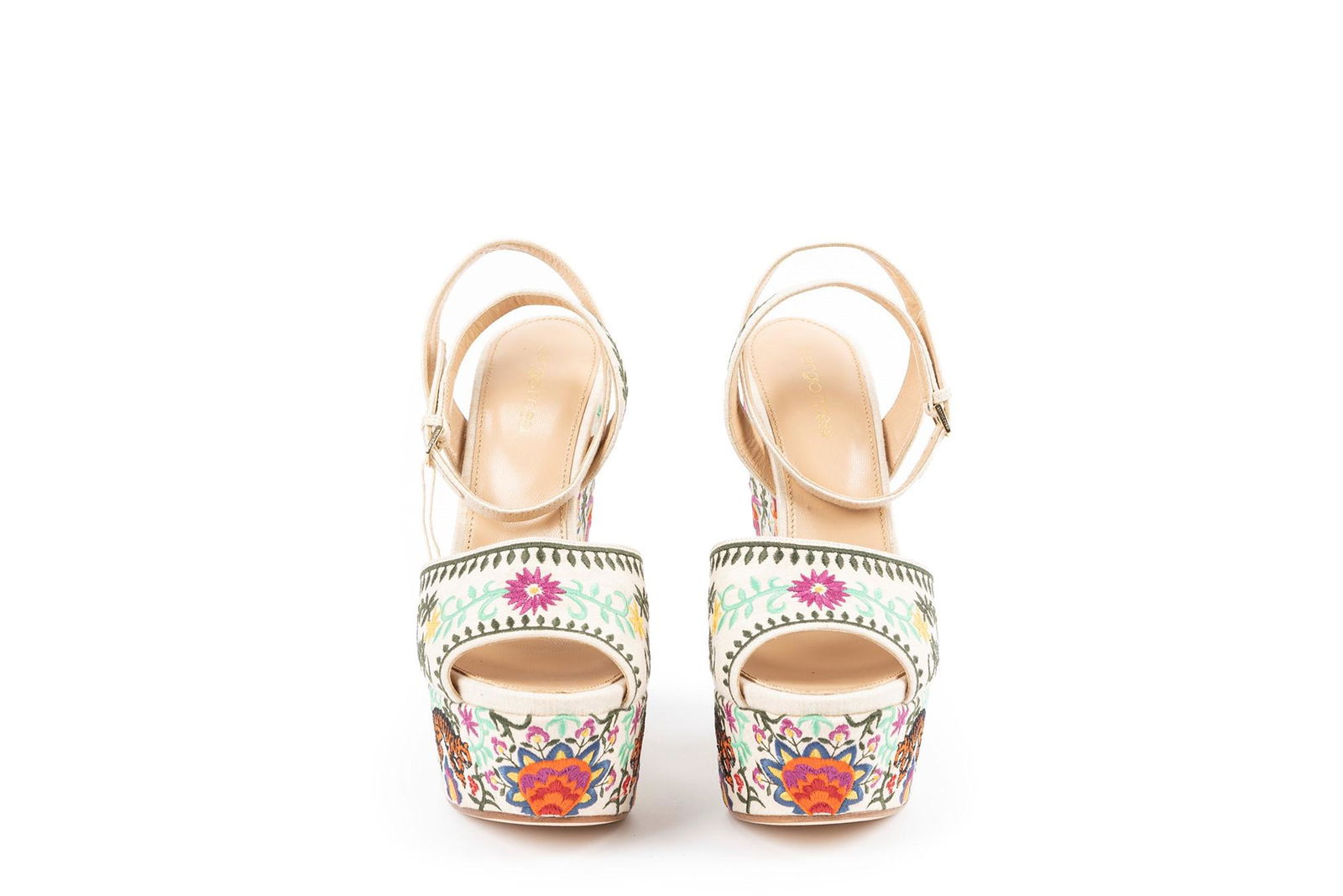 Sergio Rossi - Embroidered with multicolor flowers canvas plateau sandals: Embroidered with multicolor flowers canvas plateau sandals, heel cm 17, size 39 (new and never worn)