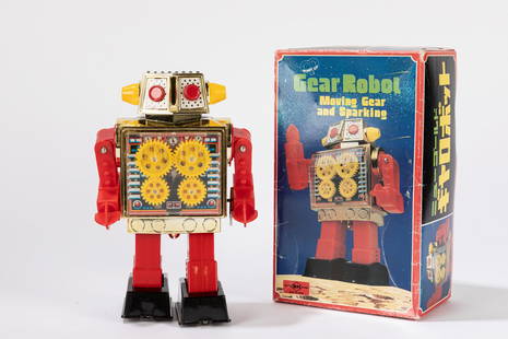 Japan SH - Gear Robot, 70's: Gear Robot, 70's Plastic, wind-up mechanism, with original boxMade in JapanDimensions 21 cm (h) Please note that as these are vintage toys, their correct functioning cannot be guaranteed