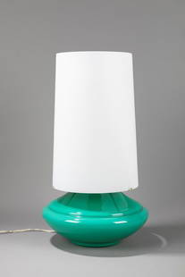 Luciano Vistosi - Table lamp, 1950 ca.: h 61 x 35 cm opale green glass and brass details.Vetrerie Vistosi Manufacture.