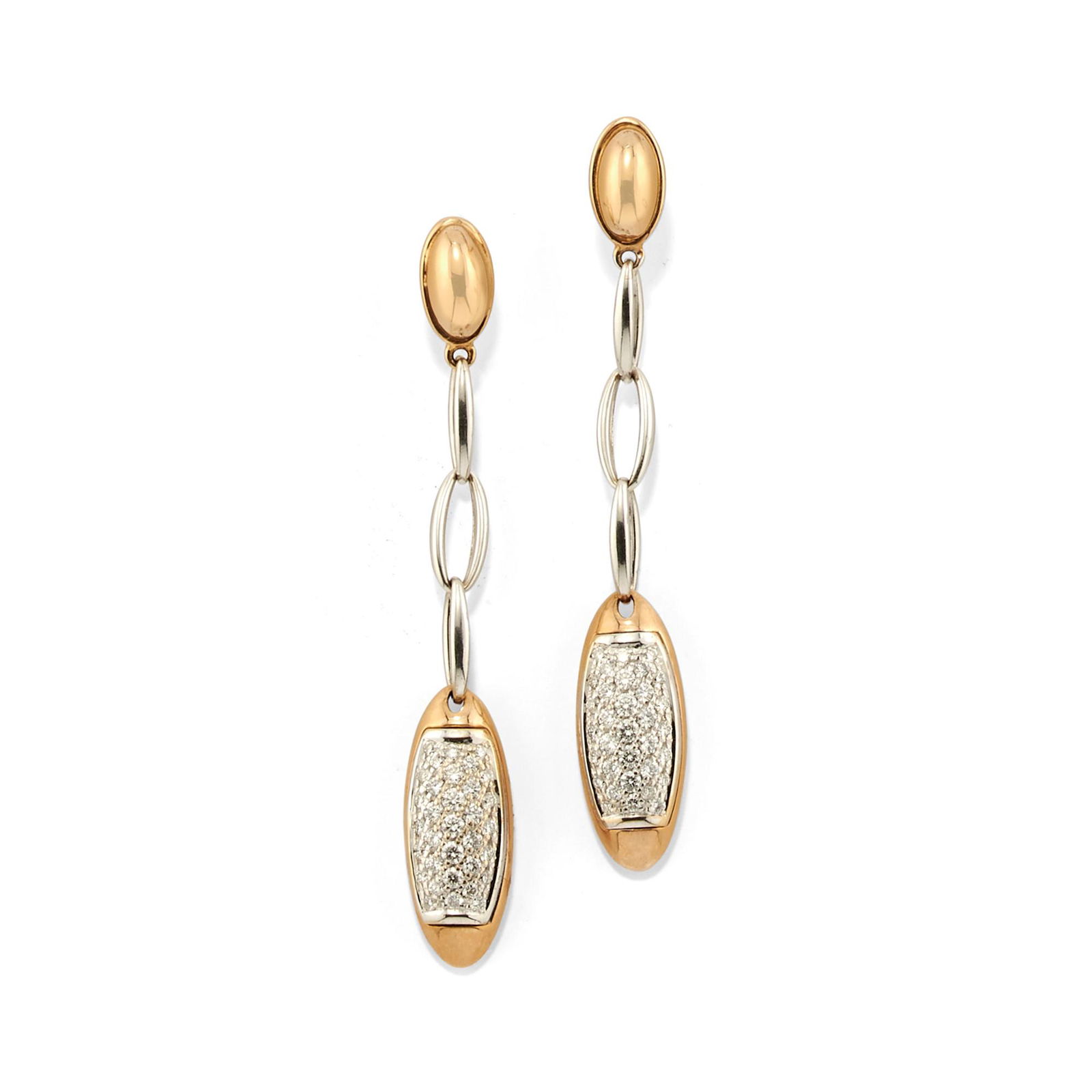 Chimento - A two-color 18k gold and diamond pendant earrings, Chimento: A two-color 18k gold and diamond pendant earrings, Chimento Brilliant cut diamond approx. ct 0,60 Weight g 12,50 cm 5,80