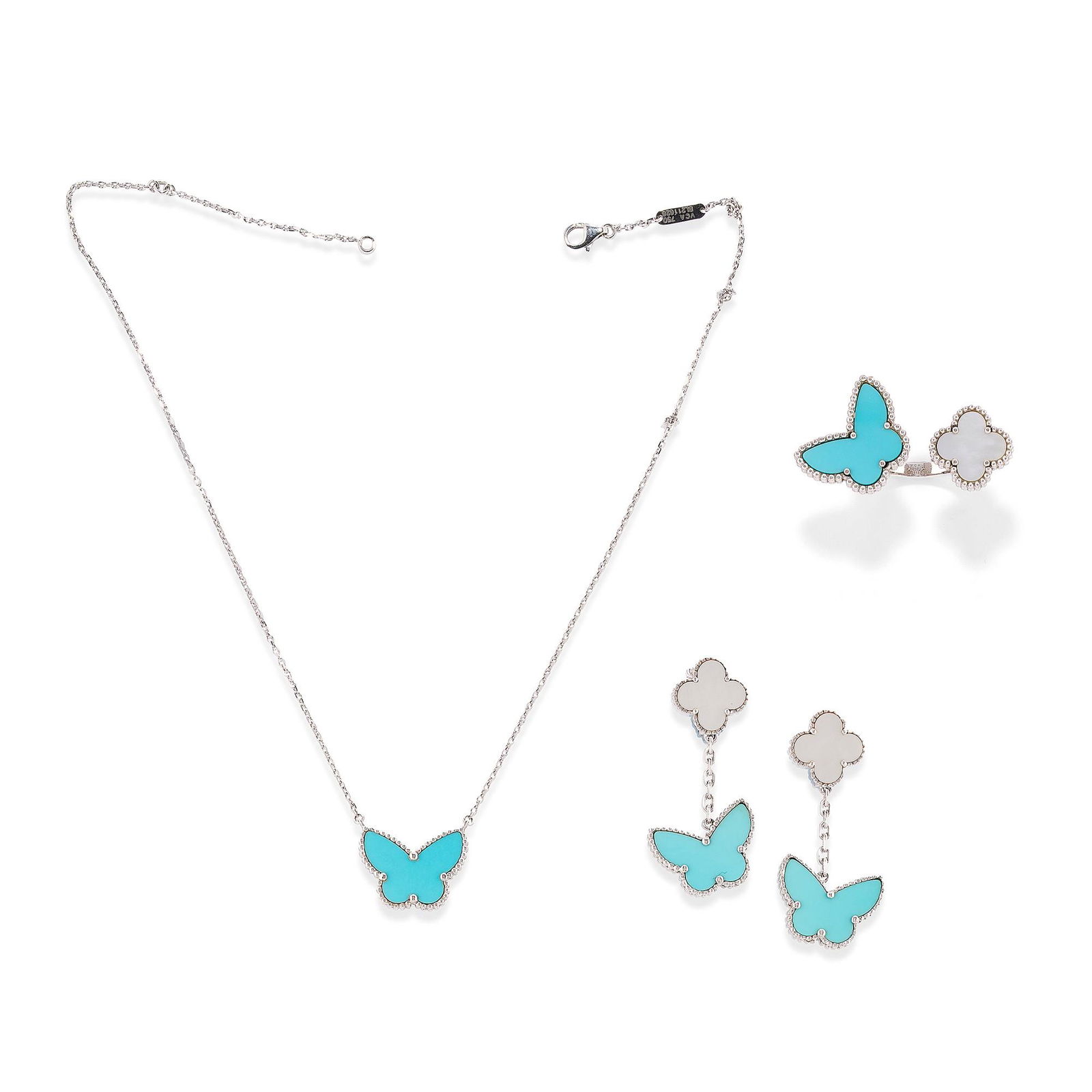 Van Cleef & Arpels - A 18k white gold, mother-of-pearl and turquoise paste demi parure, Van Cleef & : A 18k white gold, mother-of-pearl and turquoise paste demi parure, Van Cleef & Arpels, "Alhambra" collection Weight g 35,80 cm 38,50-2,00x4,50 size 10