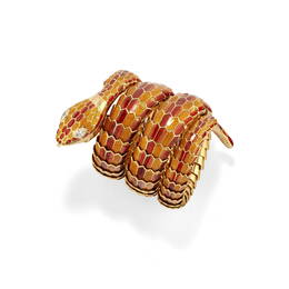 Bulgari - A 18k yellow gold, enamel and diamond bracelet-watch, Bulgari Serpenti, circa 1967