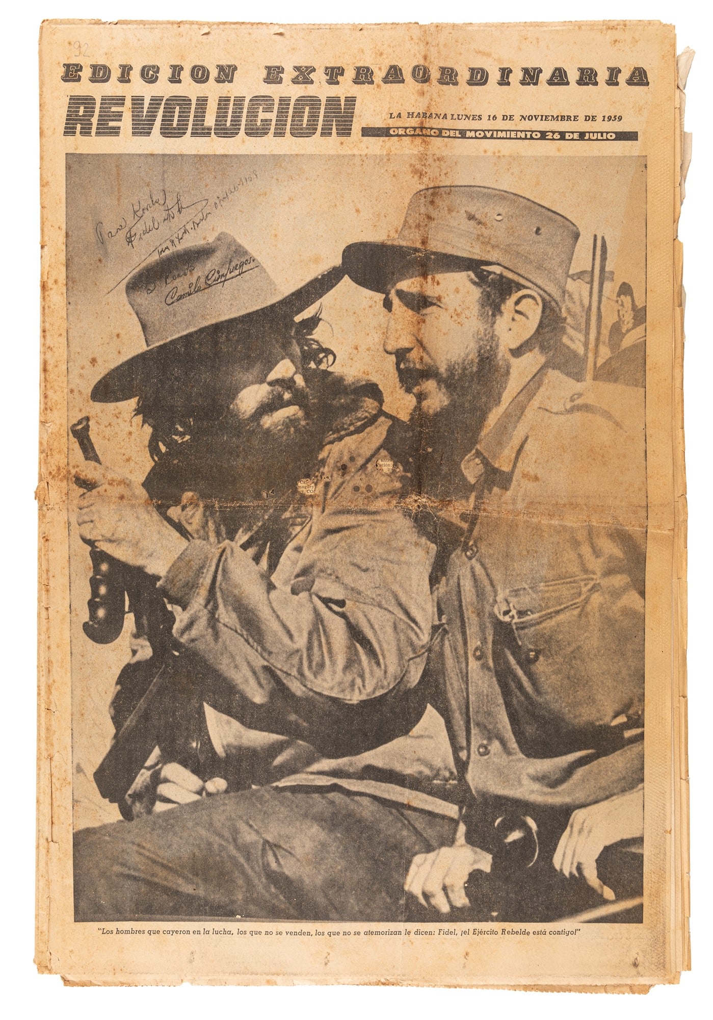 Luis Korda (1912-1985) - Fidel Castro and Camilo Cienfuegos, Havana, 1959: Vintage gelatin silver print cm 36 x 28 | 14 x 11 in. Photographer's credit stamp and Ministerios De Obras Publicas - Republica De Cuba credit stamp on the verso Work accompained by the newspaper Edic