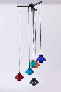 Luciano Vistosi - Ceiling lamp, 1960 ca.: h 135 x 46 cm six lights. Incamiciato coloured glass. Metal structure.Vistosi Manufacture.