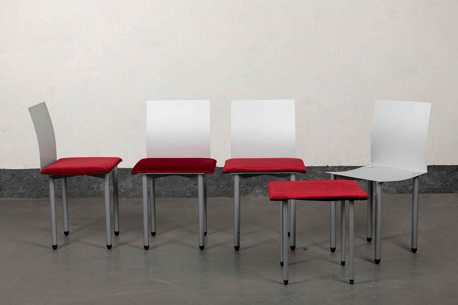 Denis Santachiara - Four chairs, 1972: 86x40x41 cm chromed steel and pouf in the seats.Zero Disegno Manufacture.