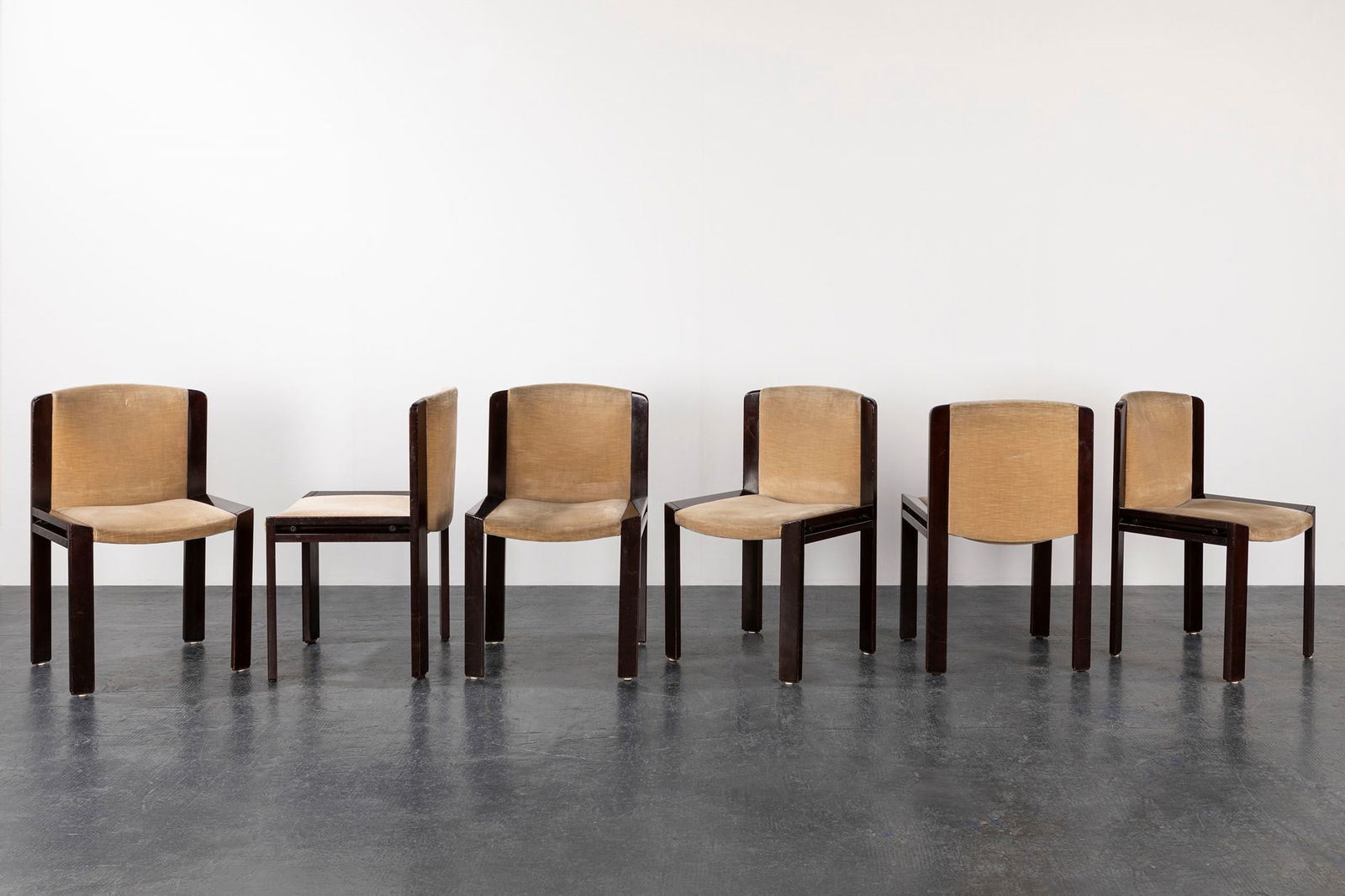 Joe Colombo (1930-1971) - Six chairs, 1966: h 76 x 48 x 50 cm 300 model, made of wood and fabric upholstery.Manufactured by Pozzi LITERATURERepertorio 1950-1980