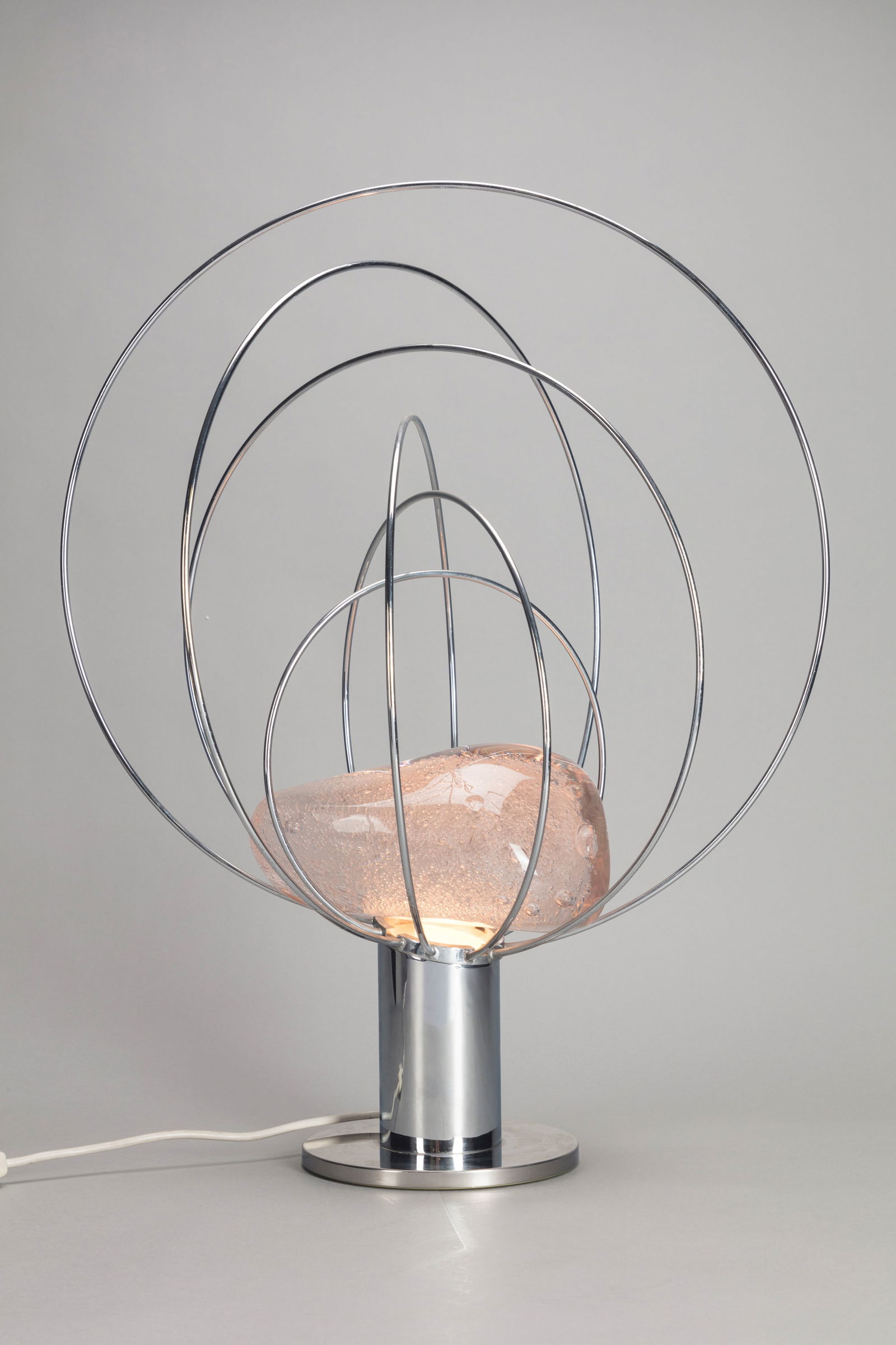 Angelo Brotto (1914-2002) - Barnaba, 1970 ca.: h 63 x diam 53 cm chromed metal table lamp with Murano's glass diffuserEdited by Esperia