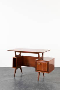 La Permanente Mobili Cantù - Desk , 1950 ca.: h 69 x 112 x 49,5 cm wood with open compartment and door with brass handle.Manufactured by Consorzio La Permanente Cantù