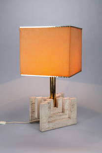 Manifattura Italiana, XX SECOLO - Table lamp, 1970 ca.: h 71 x 35,5 x 35,5 cm brass structure, fabric and plastic diffuser, travertine marble baseItalian manufacture