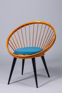 Yngve Ekstorm (Hagafors 16/06/1913-Smaland 13/03/1988) - Armchair, 1955 ca.: h 75 x diam 65 cm wooden armchair, painted wood and upholstered fabricManufactured by Ese Mobler AB, Sweden