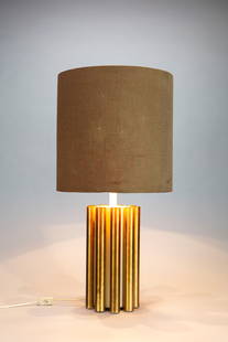 Table lamp, 1970 ca.: h 81 x diam 41 cm enamelled metal and brass, fabric diffuserMade by LUCIManufacturer's mark under base