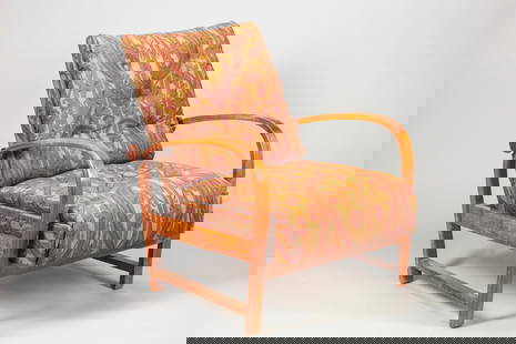 Jindrich  Halabala (attribuito a) - Recliner armchair, XX sec.: h 82 x 70 x 64 cm curved wood, metal mechanics and fabric upholstery.Made in Czechoslovakia