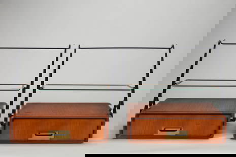 Silvio Cavatorta (Cantù 1887-1960) - Pair of hanging nightstands, 1960 ca.: h 42 x 44 x 37 cm wood, brass and lacquered metal, glass topsManufactured by Silvio Cavatorta