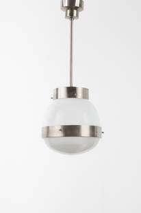 Sergio Mazza (1931) - Delta, 1960: h 70 x 26,5 cm Nickel-plated brass ceiling lamp, opal glass diffuser, molded crystal bowl.Manufactured by Artemide LITERATURERepertorio 1950-1980