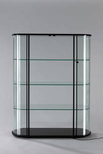 Fiam - Showcase, 1980 ca.: cm h 152 x 40 x 120 curved glass with three glass shelves, black painted ash wood top and base. Equipped with lighting kit consisting of: 2 high brightness LED lamps.Veblén By Fiam Italy ManufactureD
