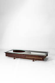 Gianfranco Frattini (Padova 15/05/1926 - Milano 06/04/2004) - Low table, special commission from: 28 x 188 x 80 cm Low table, special commission from the PBH Apartment collection, Milandesigned in 1960wood, veneered wood, metal, copper, glass Bernini edition, Ceriano Laghetto, Italy PROVENANCEPriv