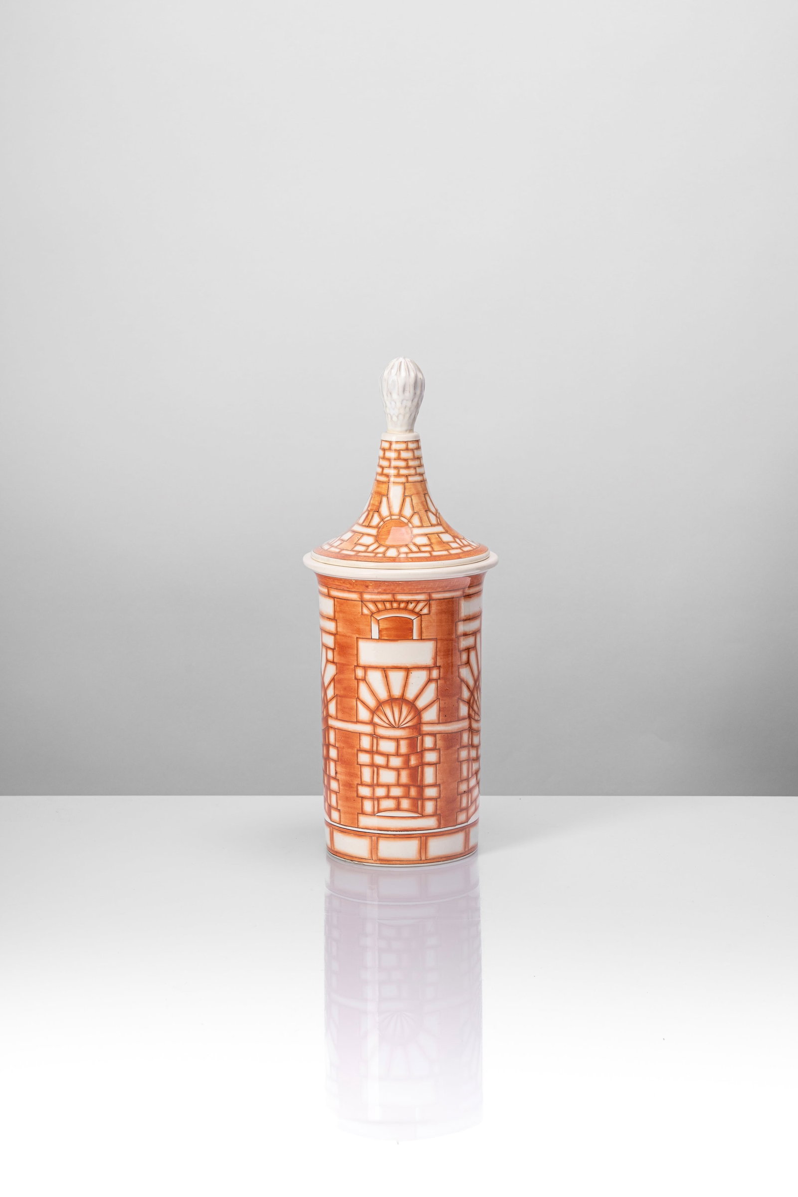 Gio Ponti (Milano 18 novembre 1891 - 16 settembre 1979) - Urn with lid model 'Serliana', 1925: 47 x 18,5 x 18,5 cm designed in 1925earthenware decorated with polychrome underglaze enamelslogo and signature RICHARD GINORI SAN CRISTOFORO MILANO MADE IN ITALY / GIO PONTI 419 271 on the underbaseMa