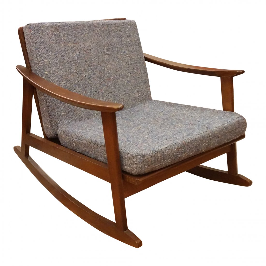 Danish modern rocking chair: Beautiful vintage danish modern rocking chair. Maker unknown. Measures 27.5 W (outside of armrests) x 34 D (end of the rocking base front to back) x 25.5 H (floor to top of back rest) Buyer arranges a