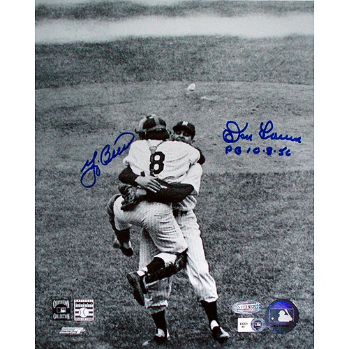 Yogi Berra/Don Larsen Signed 8x10 Photo: This black and white 8x10 photograph of Berra hugging Larsen after the last out of Larsens perfect game has been hand signed by both Yogi Berra and Don Larsen with Larsen adding the inscription ""WS P