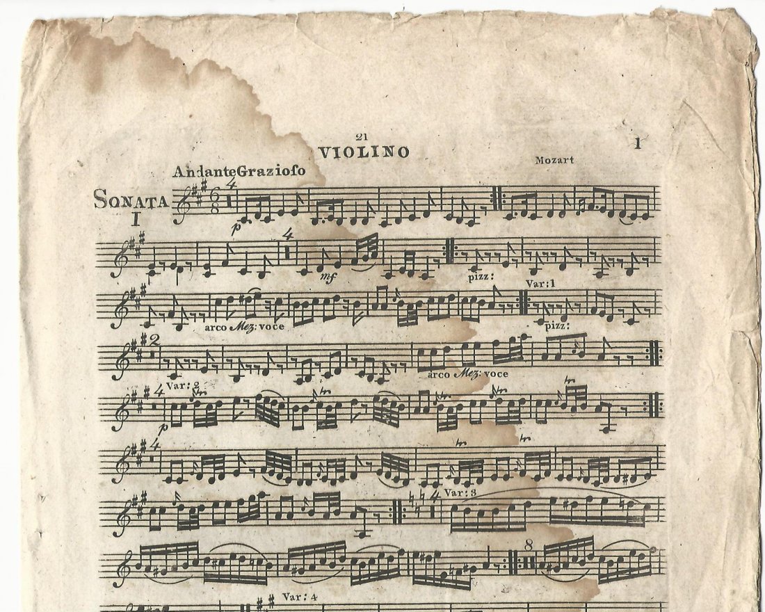 c1830 Mozart Engraved Sheet Music: Sonata Music sheets (two leaves) for Violin, composed by Mozart. Circa 1830, very good, engraved. Mild dampstaining. Measures 10 x 14”.