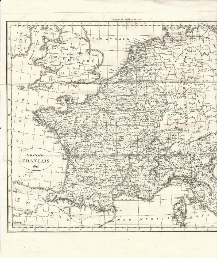 c1812 Folding Map of France: Large folding map of France, “Empire Francais 1812”, measures 14 x 13”, circa 1812. Very Good uncolored.