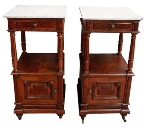 Pair of Henry II Carved Walnut & Marble Nightstands: Product Details Item #: 17-101 Dimensions (inches): 34H x 15.75W x 15D Comment: This pair of French antique nightstands in the Henry II style will look impressive in your bedroom as m