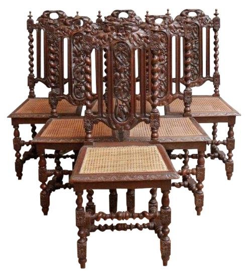1880 Set of 6 French Hunting Oak Dining Chairs: Product Details Item #: 17-47 Dimensions (inches): 42H x 18.75W x 16D Seat 18.50H Comment: Here's a stately set of six French antique dining chairs for wine-lovers! Dating