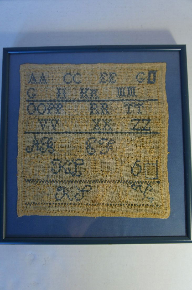 Small antique sampler in blues and yellows (1 of 5)