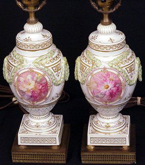 Pair of KPM Art Nouveau hand painted porcelain lamps (1 of 5)
