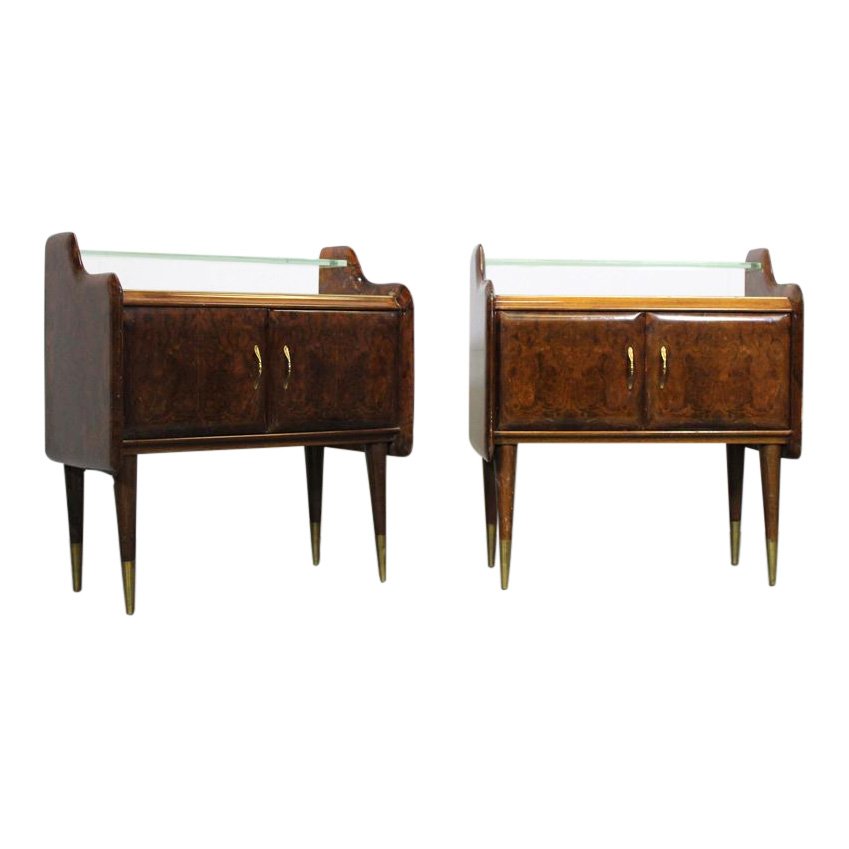 Pair of Italian nightstands: Pair of Italian nightstands with painted glass top and nice wood burl. Measurement Height: 25.5" / 64.77cm Depth: 13" / 33.02cm Length: 22.75" / 57.79cm No. of Items: 2