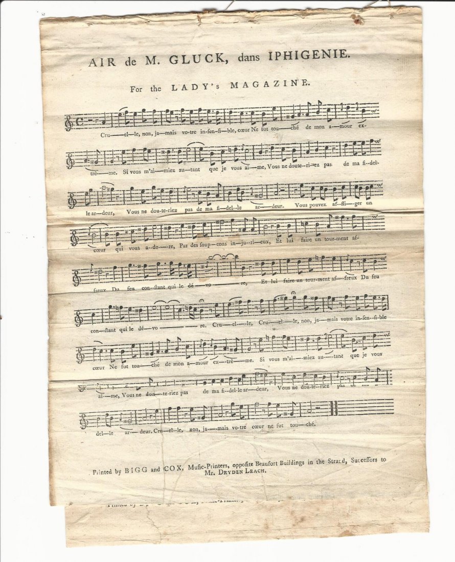 1775 London Music Sheets: 1775 Two attached leaves of sheet music from Lady’s Magazine, 1775 London. Very Good. Measures 8 x 11”.